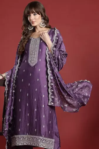 Women ethnic motifs embroidered sequinned kurta with trousers & dupatta