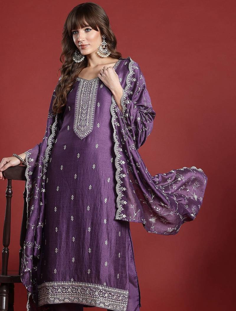 Women ethnic motifs embroidered sequinned kurta with trousers & dupatta