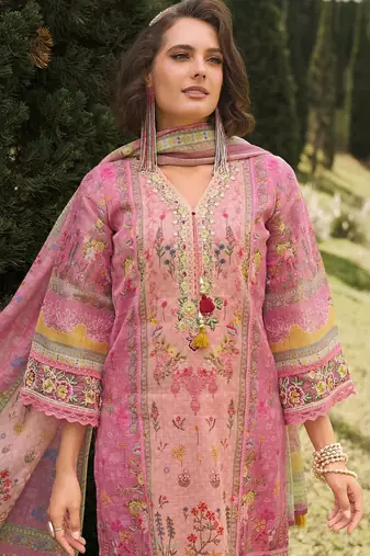 Floral printed v-neck linen kurta with trousers and dupatta
