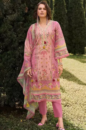 Floral printed v-neck linen kurta with trousers and dupatta