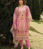 Floral printed v-neck linen kurta with trousers and dupatta