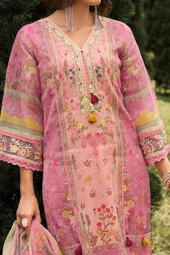 Floral printed v-neck linen kurta with trousers and dupatta