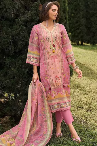 Floral printed v-neck linen kurta with trousers and dupatta