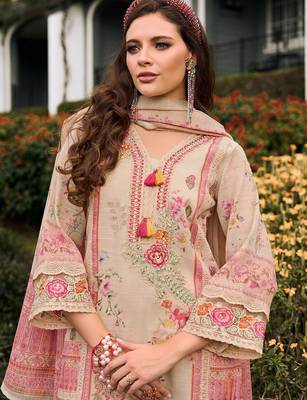 Floral printed v-neck sequinned linen kurta with trousers and dupatta 2