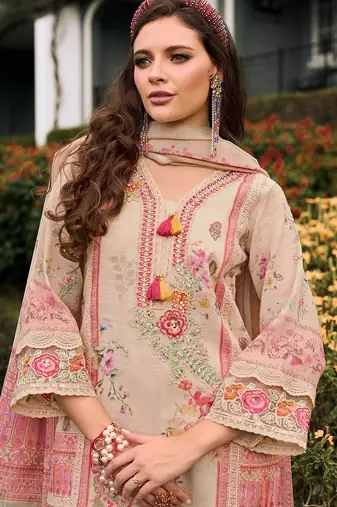 Floral printed v-neck sequinned linen kurta with trousers and dupatta