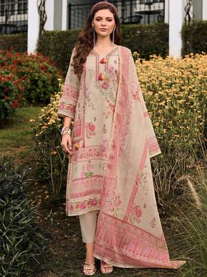 Floral printed v-neck sequinned linen kurta with trousers and dupatta 1