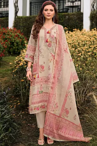 Floral printed v-neck sequinned linen kurta with trousers and dupatta
