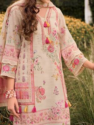 Floral printed v-neck sequinned linen kurta with trousers and dupatta 3
