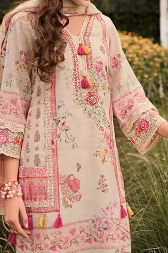 Floral printed v-neck sequinned linen kurta with trousers and dupatta
