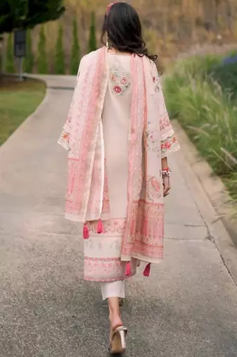 Floral printed v-neck sequinned linen kurta with trousers and dupatta