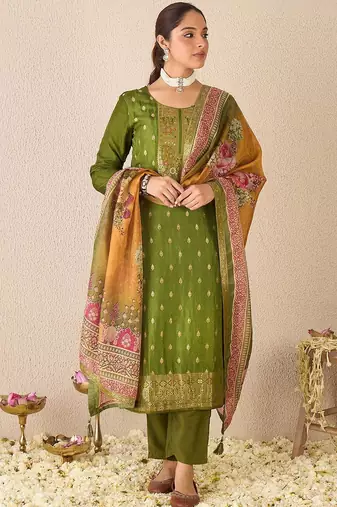 Floral printed round neck kurta with trousers & dupatta