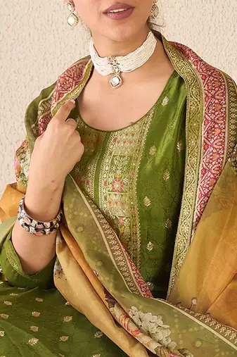 Floral printed round neck kurta with trousers & dupatta