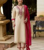 Ethnic motifs embroidered v-neck mirror work kurta with trousers & dupatta