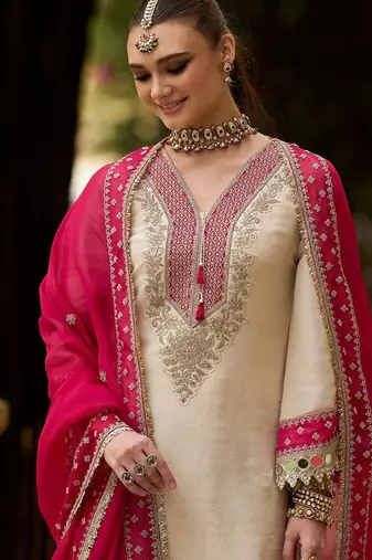 Ethnic motifs embroidered v-neck mirror work kurta with trousers & dupatta