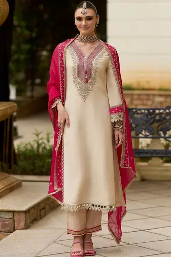 Ethnic motifs embroidered v-neck mirror work kurta with trousers & dupatta