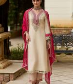 Ethnic motifs embroidered v-neck mirror work kurta with trousers & dupatta