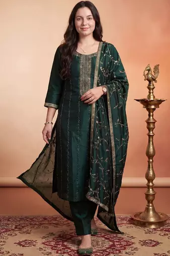 Women ethnic motifs embroidered regular thread work kurta with trousers & with dupatta