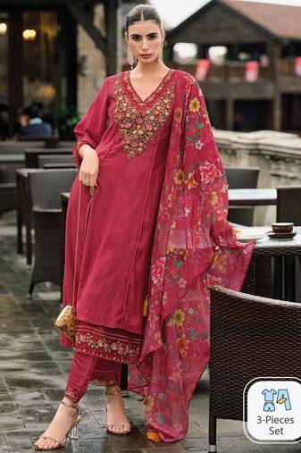 Floral embroidered panelled thread work a-line kurta with trousers & dupatta
