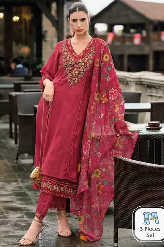 Floral embroidered panelled thread work a-line kurta with trousers & dupatta
