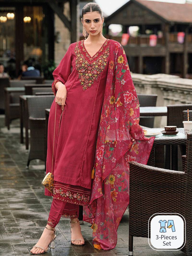 Floral embroidered panelled thread work a-line kurta with trousers & dupatta