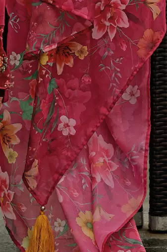 Floral embroidered panelled thread work a-line kurta with trousers & dupatta