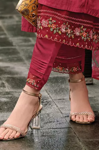 Floral embroidered panelled thread work a-line kurta with trousers & dupatta