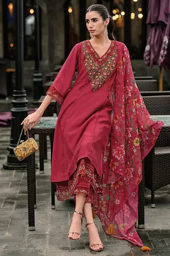 Floral embroidered panelled thread work a-line kurta with trousers & dupatta