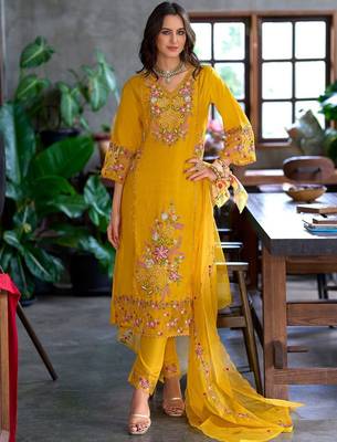 Women floral embroidered panelled sequinned kurta with trousers & with dupatta 1