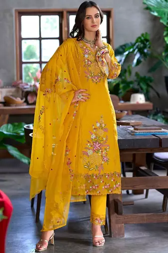 Women floral embroidered panelled sequinned kurta with trousers & with dupatta