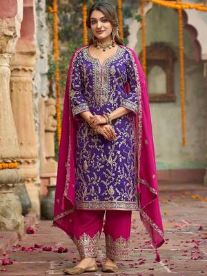 Zari ethnic motifs embroidered notch neck straight kurta with trousers & dupatta 1