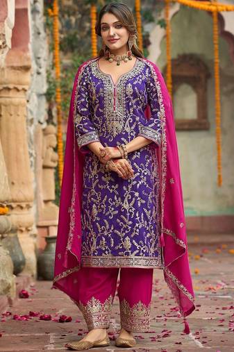 Zari ethnic motifs embroidered notch neck straight kurta with trousers & dupatta