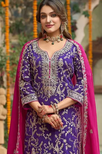 Zari ethnic motifs embroidered notch neck straight kurta with trousers & dupatta