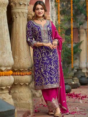 Zari ethnic motifs embroidered notch neck straight kurta with trousers & dupatta 4