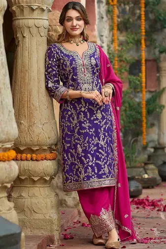 Zari ethnic motifs embroidered notch neck straight kurta with trousers & dupatta