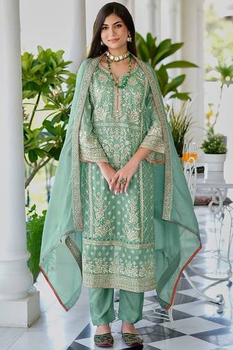 Zari ethnic motifs embroidered notch neck straight republic day kurta with trousers & dupatta
