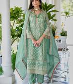 Zari ethnic motifs embroidered notch neck straight republic day kurta with trousers & dupatta