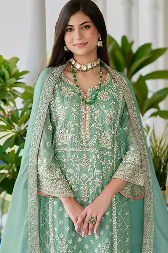 Zari ethnic motifs embroidered notch neck straight republic day kurta with trousers & dupatta