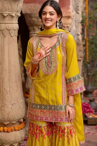 Embroidered sequinned kurti with sharara & dupatta