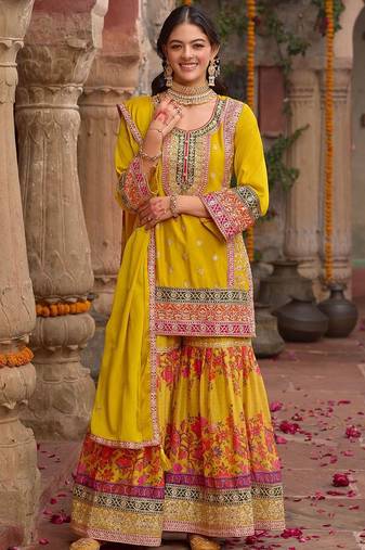 Embroidered sequinned kurti with sharara & dupatta