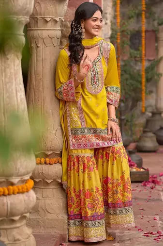 Embroidered sequinned kurti with sharara & dupatta