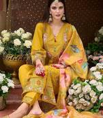 Women floral embroidered panelled thread work kurta with trousers & with dupatta