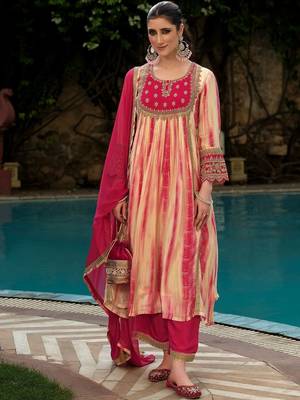 Women leheriya embroidered a-line kurta with palazzos & dupatta 1