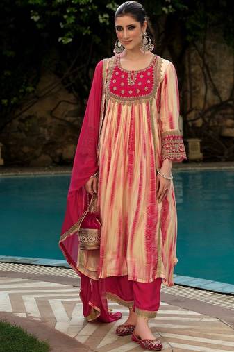 Women leheriya embroidered a-line kurta with palazzos & dupatta