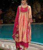 Women leheriya embroidered a-line kurta with palazzos & dupatta
