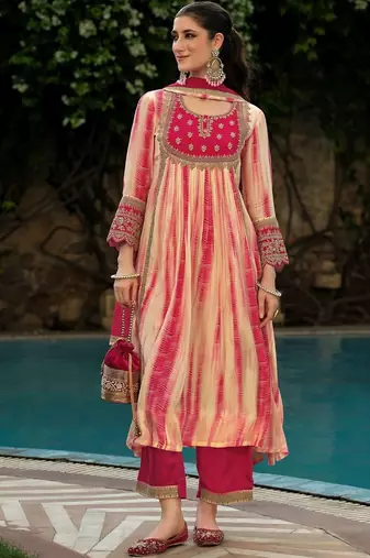 Women leheriya embroidered a-line kurta with palazzos & dupatta