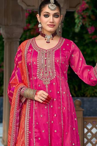 Ethnic motifs embroidered sequinned anarkali kurta with trouser & dupatta