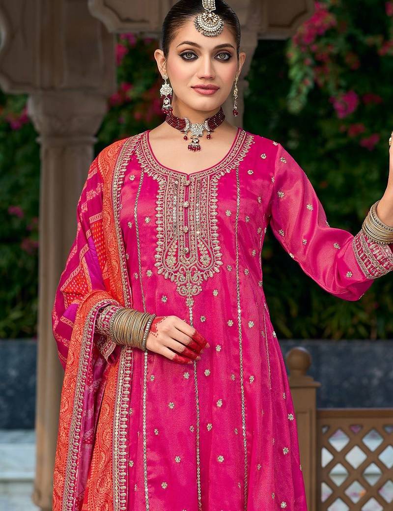 Ethnic motifs embroidered sequinned anarkali kurta with trouser & dupatta