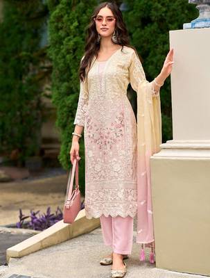 Floral embroidered sequinned straight organza kurta with trousers and dupatta 1