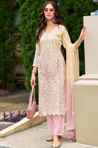 Floral embroidered sequinned straight organza kurta with trousers and dupatta