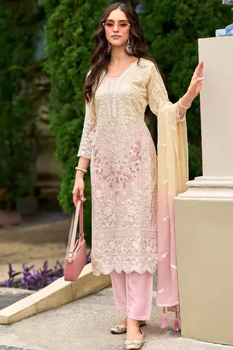 Floral embroidered sequinned straight organza kurta with trousers and dupatta